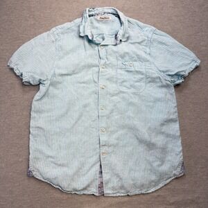 Tommy Bahama Shirt Mens Large Aqua Blue Tencel Linen Woven‎ Striped Button Up